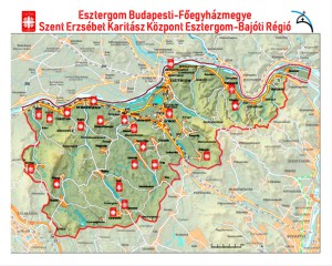 Esztergom-bajóti karitász régió települései jelölve ahol van csoport (1)
